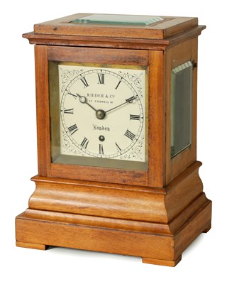 Lot 1237 - RIEDER & CO. 13 COSWELL RD. LONDON. A SMALL MID 19TH CENTURY SATINWOOD FUSEE LIBRARY MANTEL CLOCK