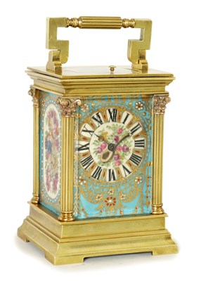 Lot 1279 - A LATE 19TH CENTURY FRENCH PORCELAIN PANELLED REPEATING CARRIAGE CLOCK