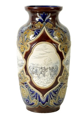 Lot 154 - A LATE 19TH CENTURY DOULTON LAMBETH OVERSIZED TAPERING SHOULDERED VASE WITH FLARED RIM BY HANNAH BARLOW