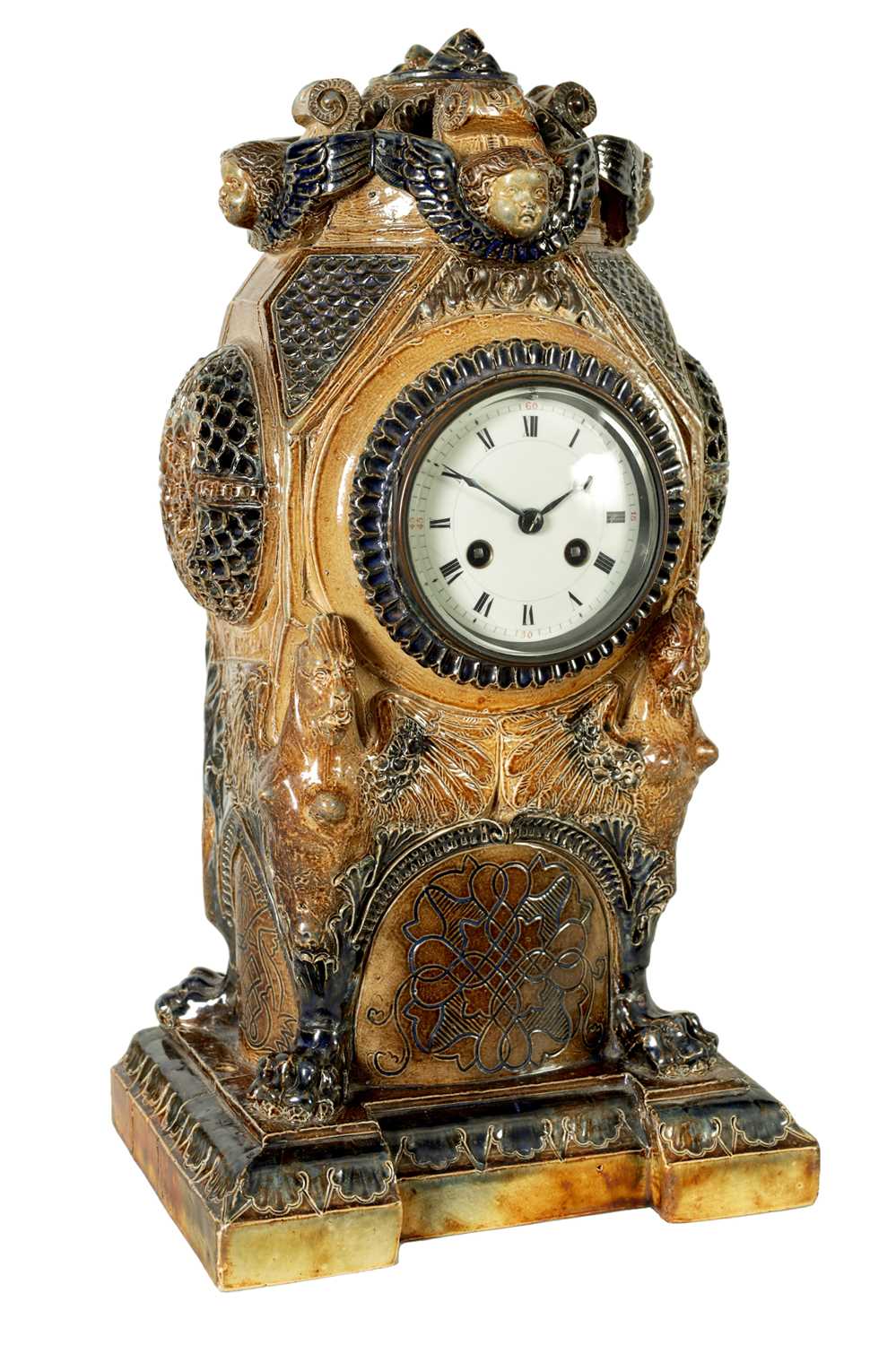 Lot 31 - A FINE 19TH CENTURY MARTIN BROTHERS LONDON COLOURED AND SALT GLAZE STONEWARE MANTEL CLOCK No.59