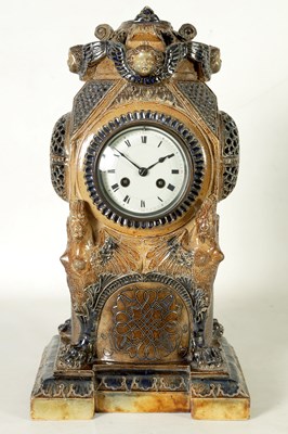 Lot 31 - A FINE 19TH CENTURY MARTIN BROTHERS LONDON COLOURED AND SALT GLAZE STONEWARE MANTEL CLOCK No.59