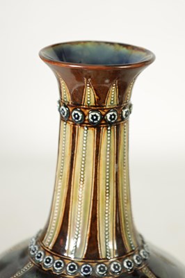 Lot 92 - A GOOD PAIR OF DOULTON LAMBETH FOOTED BULBOUS FLARED NECK VASES BEARING MONOGRAM FOR GEORGE TINWORTH