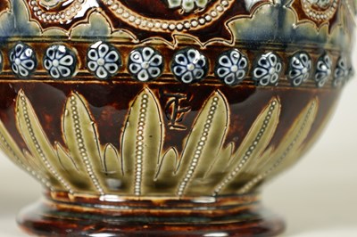 Lot 92 - A GOOD PAIR OF DOULTON LAMBETH FOOTED BULBOUS FLARED NECK VASES BEARING MONOGRAM FOR GEORGE TINWORTH