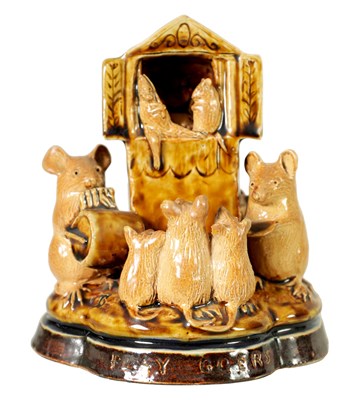 Lot 47 - A DOULTON LAMBETH TWO-TONE SHADED BROWN SALT GLAZED 'PLAY GOERS' GROUP OF MICE BY GEORGE TINWORTH CIRCA 1880'S