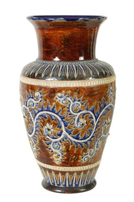 Lot 60 - AN IMPRESSIVE 19TH CENTURY DOULTON LAMBETH TAPERING SHOULDERED STONEWARE VASE BY GEORGE TINWORTH