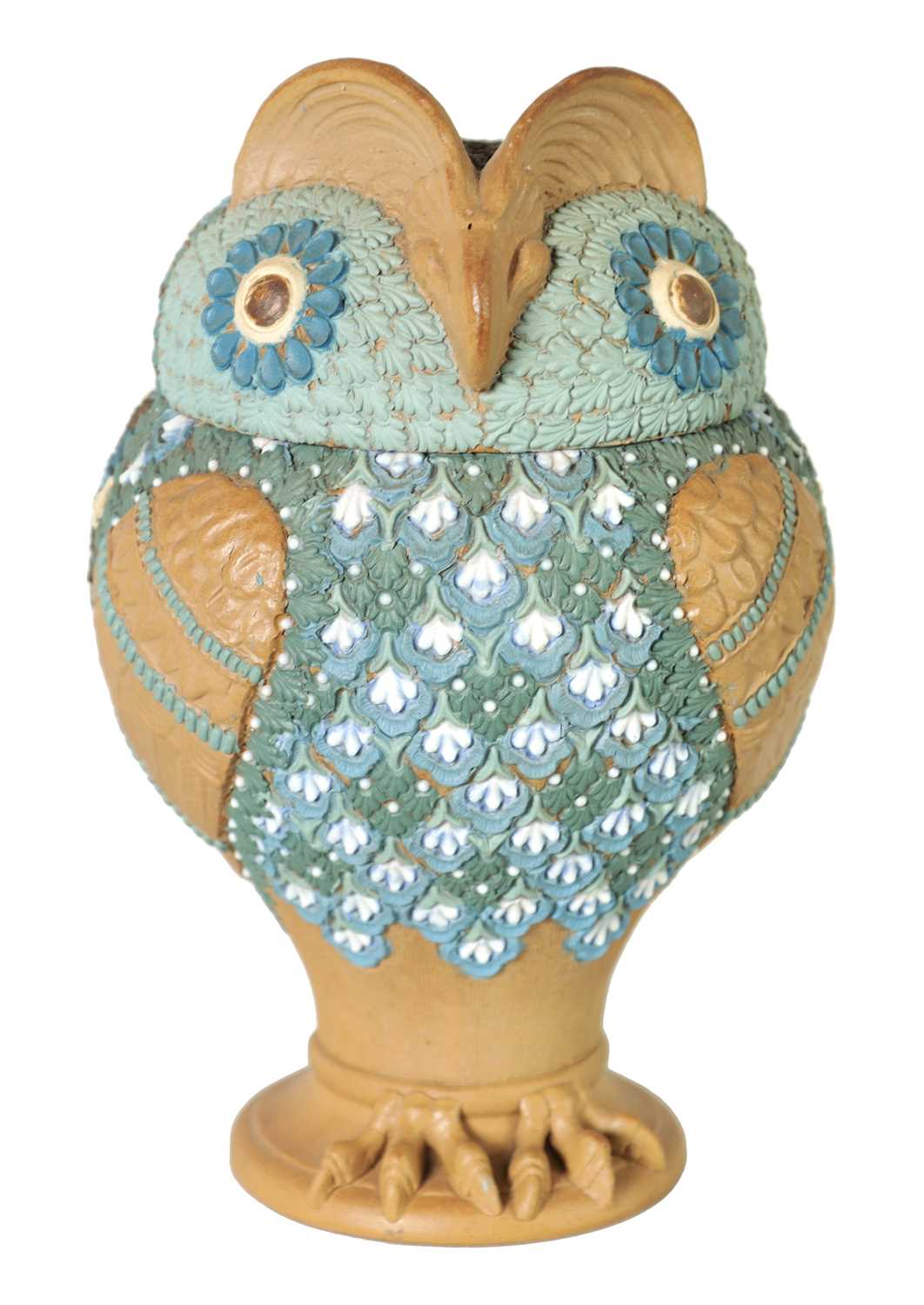 Lot 173 - A DOULTON LAMBETH SILICAN WARE OWL TOBACCO JAR AND COVER CIRCA 1880