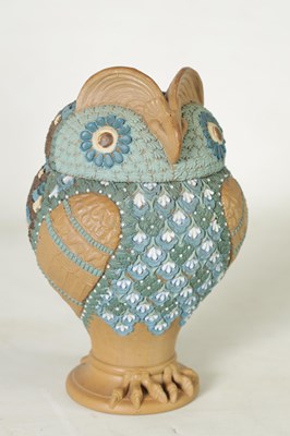 Lot 173 - A DOULTON LAMBETH SILICAN WARE OWL TOBACCO JAR AND COVER CIRCA 1880