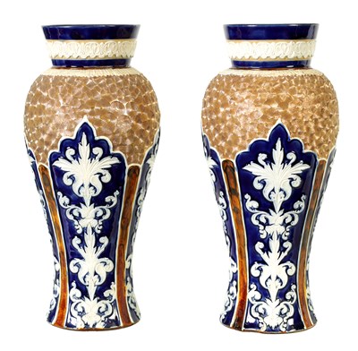 Lot 58 - A PAIR OF DOULTON LAMBETH STONEWARE TAPERED SHOULDERED VASES WITH FLARED NECKS