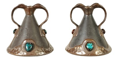 Lot 32 - A PAIR OF BRETBY ARTS AND CRAFTS SIMULATED COPPER WARE TWO HANDLED VASES