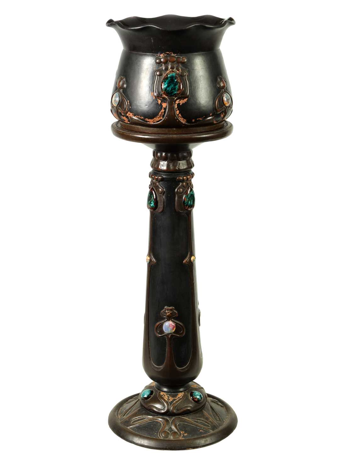 Lot 35 - A BRETBY ART NOVEAU SIMULATED COPPER WARE PEDESTAL JARDINIERE