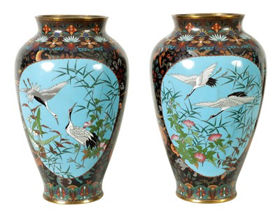 Lot 117 - A PAIR OF JAPANESE MEIJI PERIOD LARGE OVOID CLOISONNE VASES