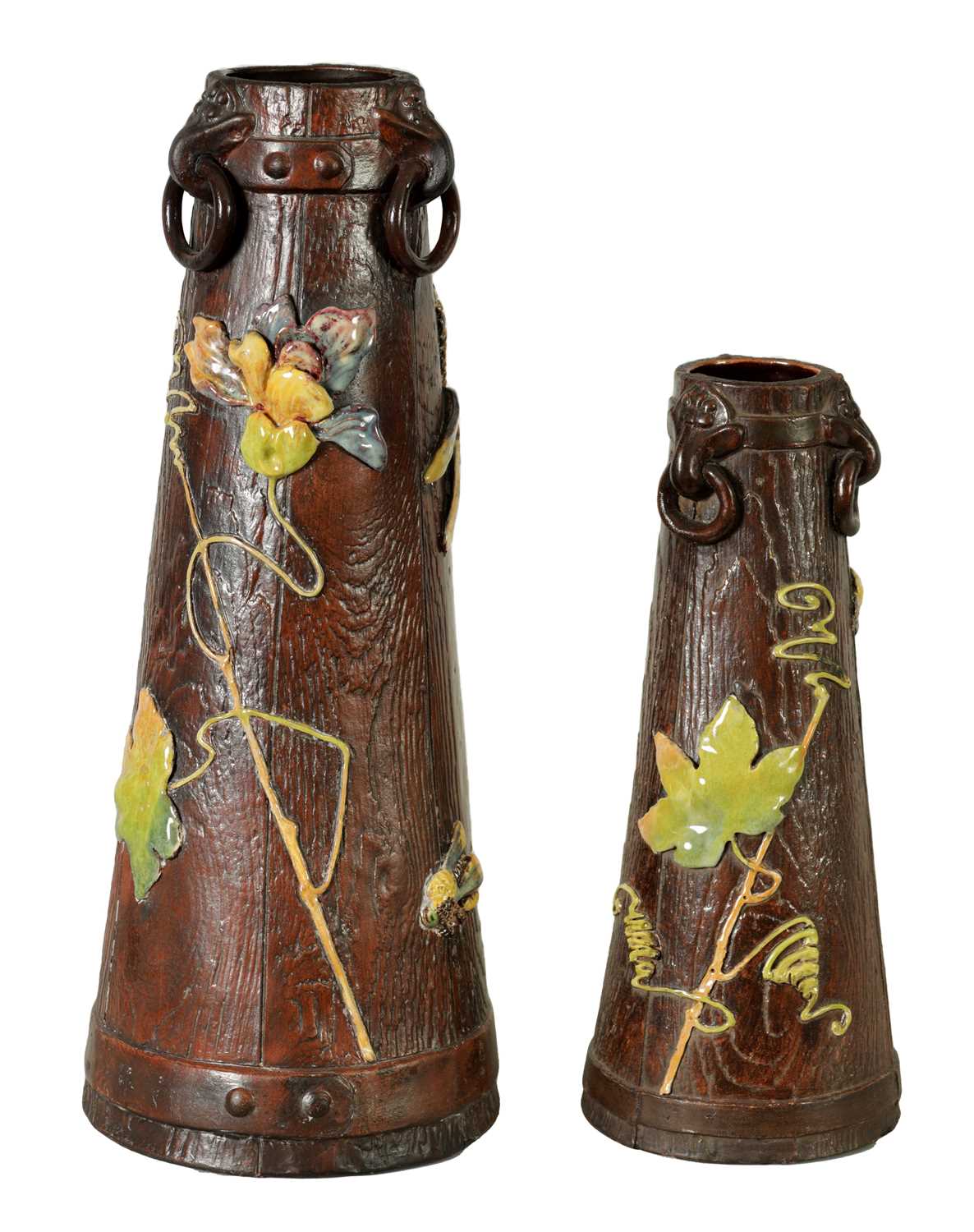 Lot 43 - TWO LATE 19TH CENTURY BRETBY SIMULATED WOOD TAPERING VASES WITH DRAGONFLIES