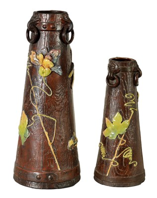 Lot 46 - TWO LATE 19TH CENTURY BRETBY SIMULATED WOOD TAPERING VASES WITH DRAGONFLIES