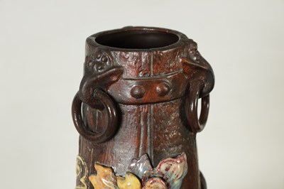 Lot 43 - TWO LATE 19TH CENTURY BRETBY SIMULATED WOOD TAPERING VASES WITH DRAGONFLIES