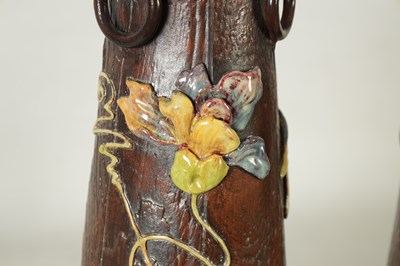 Lot 43 - TWO LATE 19TH CENTURY BRETBY SIMULATED WOOD TAPERING VASES WITH DRAGONFLIES