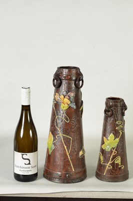 Lot 43 - TWO LATE 19TH CENTURY BRETBY SIMULATED WOOD TAPERING VASES WITH DRAGONFLIES