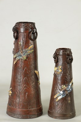 Lot 43 - TWO LATE 19TH CENTURY BRETBY SIMULATED WOOD TAPERING VASES WITH DRAGONFLIES