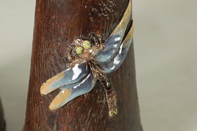 Lot 43 - TWO LATE 19TH CENTURY BRETBY SIMULATED WOOD TAPERING VASES WITH DRAGONFLIES