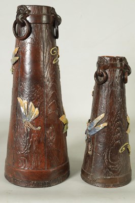 Lot 43 - TWO LATE 19TH CENTURY BRETBY SIMULATED WOOD TAPERING VASES WITH DRAGONFLIES