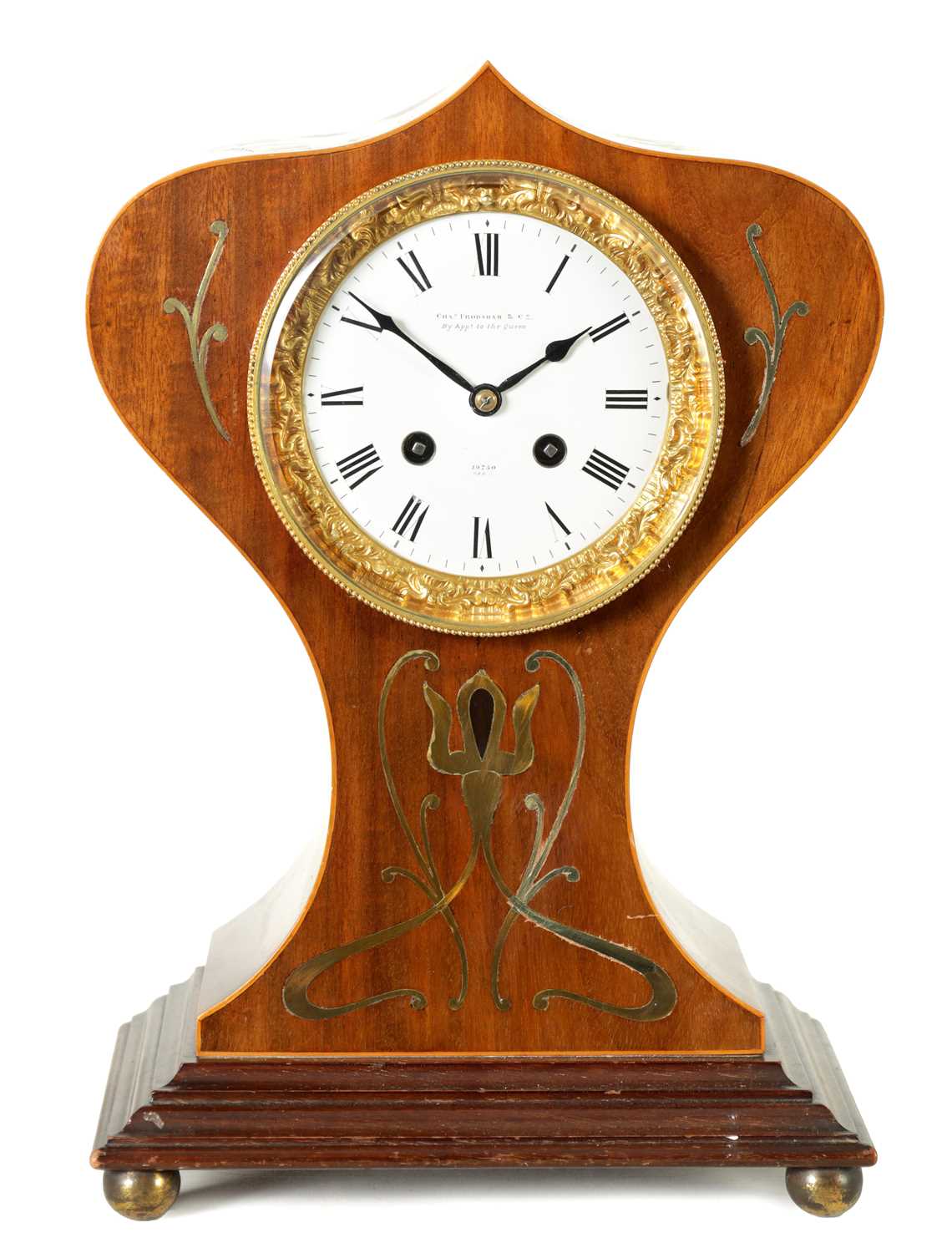 Lot 784 - CHARLES FRODSHAM A STYLISH ART NOVEAU BOX WOOD STRUNG AND SIMULATED FLORAL INLAID MAHOGANY EIGHT-DAY MANTEL CLOCK