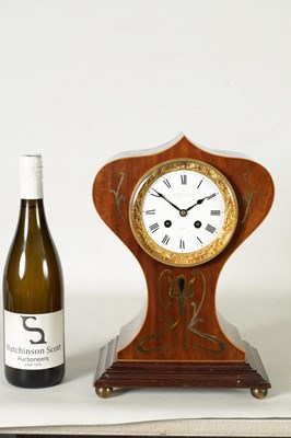 Lot 784 - CHARLES FRODSHAM A STYLISH ART NOVEAU BOX WOOD STRUNG AND SIMULATED FLORAL INLAID MAHOGANY EIGHT-DAY MANTEL CLOCK