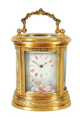 Lot 1302 - A LATE 19TH CENTURY MINIATURE PORCELAIN PANELLED ENGRAVED OVAL CARRIAGE CLOCK