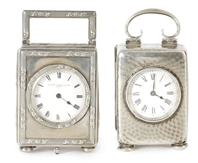 Lot 1160 - TWO EDWARDIAN SILVER MINIATURE CARRIAGE CLOCKS