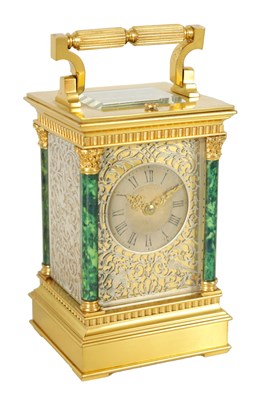 Lot 1250 - FILIGREE AND FAUX MALACHITE CARRIAGE CLOCK