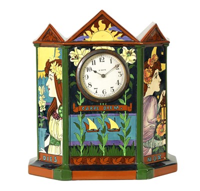 Lot 168 - AN ARTS AND CRAFTS FOLEY POTTERY 'INTARSIO' CLOCK DESIGNED BY FREDERICK RHEAD CIRCA 1900