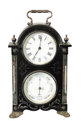 Lot 1204 - A LATE 19TH CENTURY COMBINATION DESK CLOCK/BAROMETER WITH MERCURY CENTIGRADE AND FAHRENHEIT SIDE THERMOMETERS