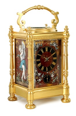 Lot 1240 - A FINE  LATE 19TH CENTURY FRENCH LIMOGES ENAMEL PANELLED CARRIAGE CLOCK