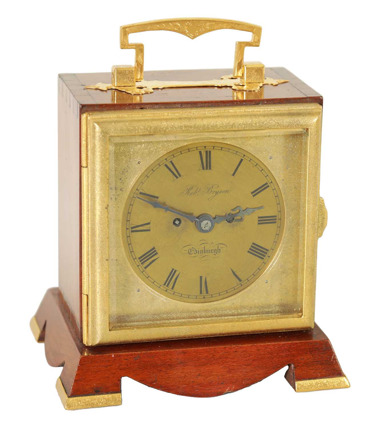 Lot 770 - ROBERT BRYSON, EDINBURGH. A LATE 19TH CENTURY DOUBLE FUSEE CARRIAGE TYPE MANTEL CLOCK