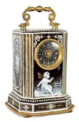 Lot 1222 - TIFFANY & CO. A FINE LATE 19TH CENTURY FRENCH LIMOGES ENAMEL CARRIAGE TYPE MANTEL CLOCK