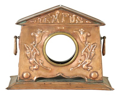 Lot 1243 - AN ARTS AND CRAFTS COPPER MANTEL CLOCK CASE