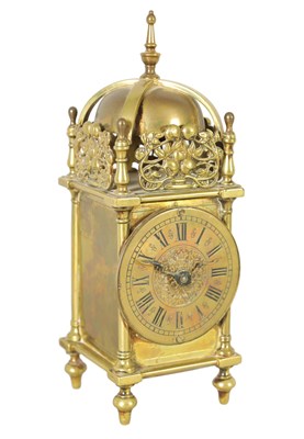 Lot 1111 - A 17TH CENTURY STYLE SMALL BRASS LANTERN CLOCK