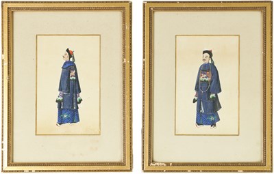 Lot 311 - A PAIR OF 19TH CENTURY CHINESE WATERCOLOUR FULL LENGTH PORTRAITS