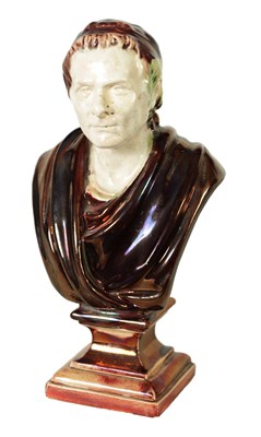 Lot 106 - A 19TH CENTURY PEARLWARE AND LUSTROUS GLAZED BUST SCULPTURED FIGURE OF CEASAR