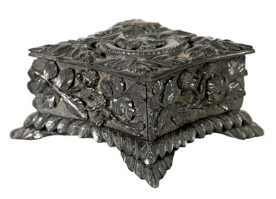 Lot 739 - A 19TH CENTURY BOG OAK LOZENGE SHAPED JEWELLERY CASKET