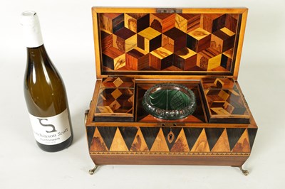 Lot 791 - A FINE REGENCY TUNBRIDGE WARE EXOTIC SPECIMEN WOOD CUBE AND SPEAR HEAD INLAID ROSEWOOD SARCOPHAGUS TEA CADDY