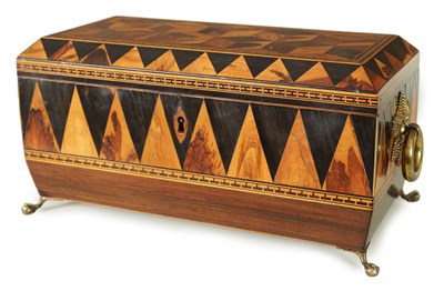 Lot 791 - A FINE REGENCY TUNBRIDGE WARE EXOTIC SPECIMEN WOOD CUBE AND SPEAR HEAD INLAID ROSEWOOD SARCOPHAGUS TEA CADDY