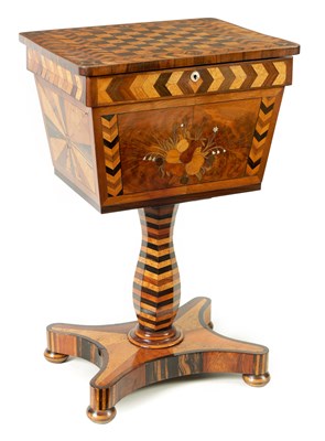 Lot 1394 - A FINE REGENCY EXOTIC SPECIMEN WOOD VENEERED PARQUETRY INLAID WORK BOX POSSIBLY BY JAMAICAN FURNITURE MAKER RALPH TURNBULL