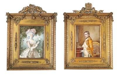 Lot 995 - A GOOD PAIR OF 19TH CENTURY THREE-QUARTER LENGTH PORTRAITS ON IVORY OF NAPOLEAN AND JOSEPHINE