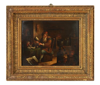 Lot 1091 - A 19TH CENTURY INTERIOR SCENE OIL ON METAL PANEL