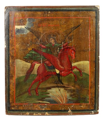 Lot 852 - AN EARLY OIL PAINTING ON PANEL - ICON OF ST MICHAEL ARCHANGEL OF THE APOCALYPSE