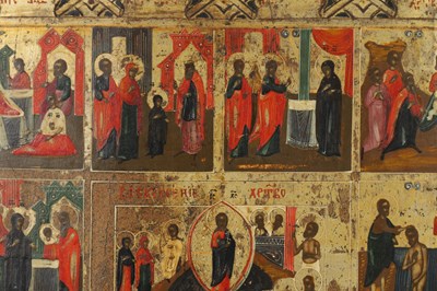 Lot 875 - AN EARLY OIL PAINTING ON PANEL - ICON DEPICTING THE TWELVE FEASTS