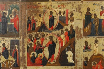 Lot 875 - AN EARLY OIL PAINTING ON PANEL - ICON DEPICTING THE TWELVE FEASTS