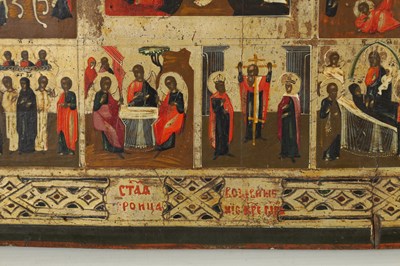 Lot 875 - AN EARLY OIL PAINTING ON PANEL - ICON DEPICTING THE TWELVE FEASTS