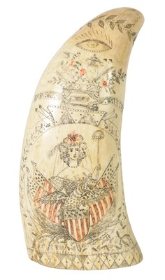 Lot 860 - A 19TH CENTURY WHALES TOOTH ENGRAVED AND COLOURED SCRIMSHAW WORK