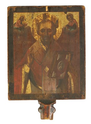 Lot 676 - AN EARLY DOUBLE-SIDED ICON DEPICTING ST NICHOLAS AND THE VIRGIN MARY WITH CHILD