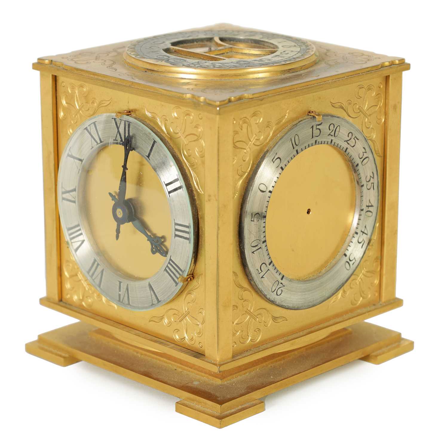 Lot 1191 - A 20TH CENTURY GILT BRASS REVOLVING DESK CLOCK COMPENDIUM